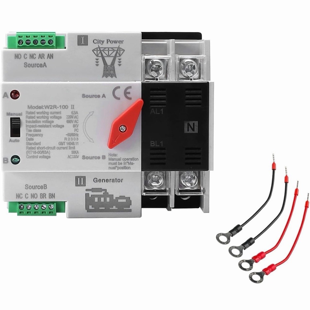 63A 2P Dual Power ATS 110V AC Automatic Switch DIN Rail for Generator RV Solar